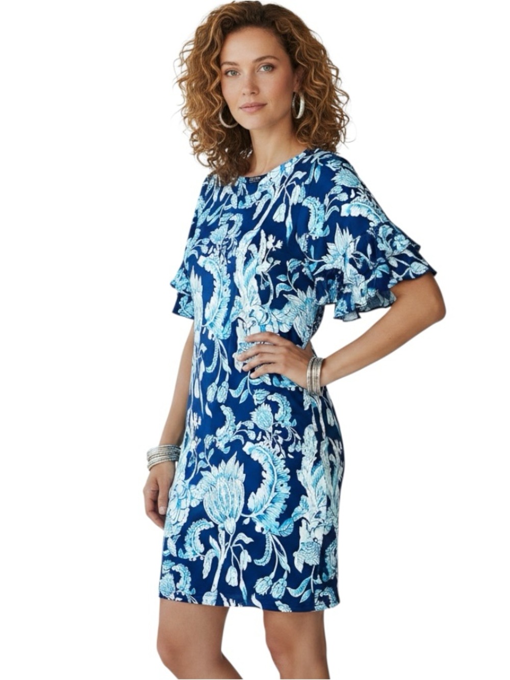 Tango Mango Dress SeaBreezes Tropical Floral Cha-Cha Sleeve  Blue Pullover Sz S